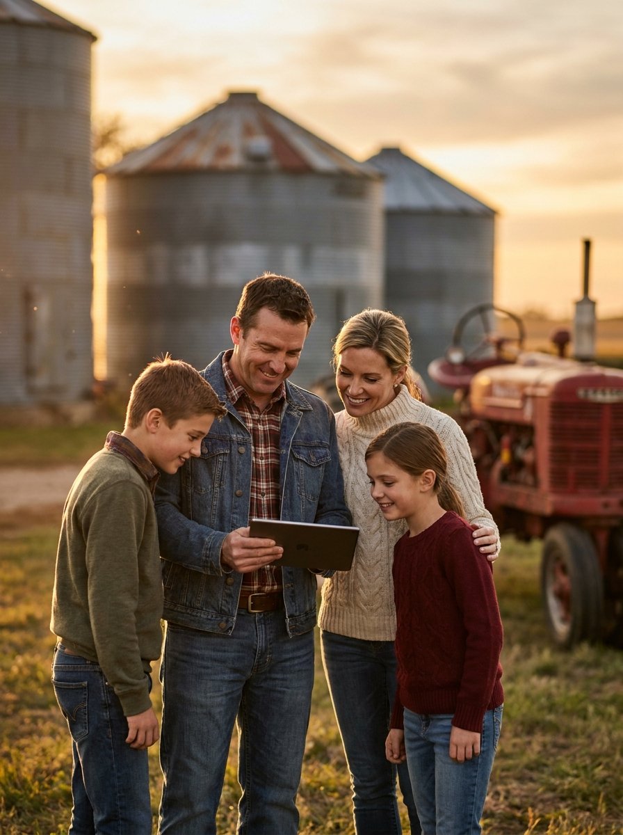 Família rural utilizando tablet no campo